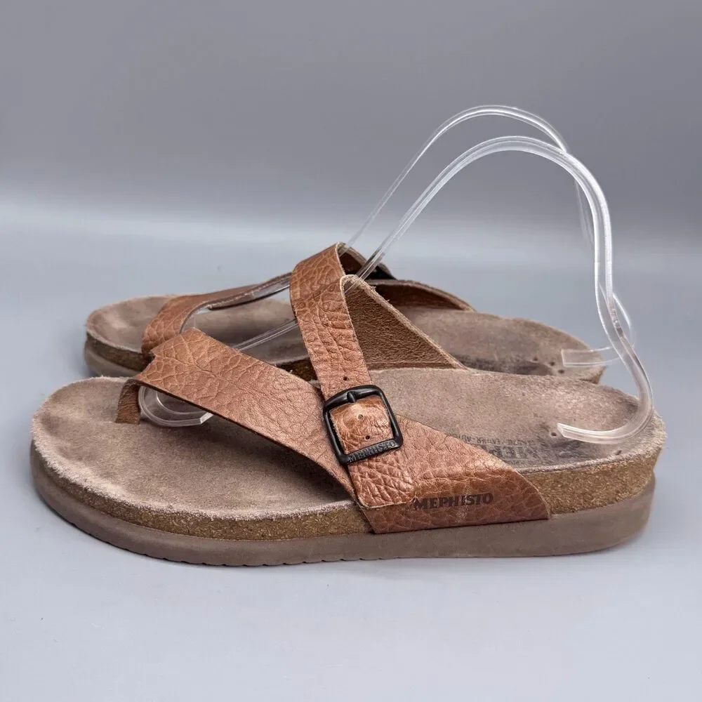 Mephisto Helen Women's 7 Brown Leather Adjustable Buckle Thong Toe Sandals Shoes